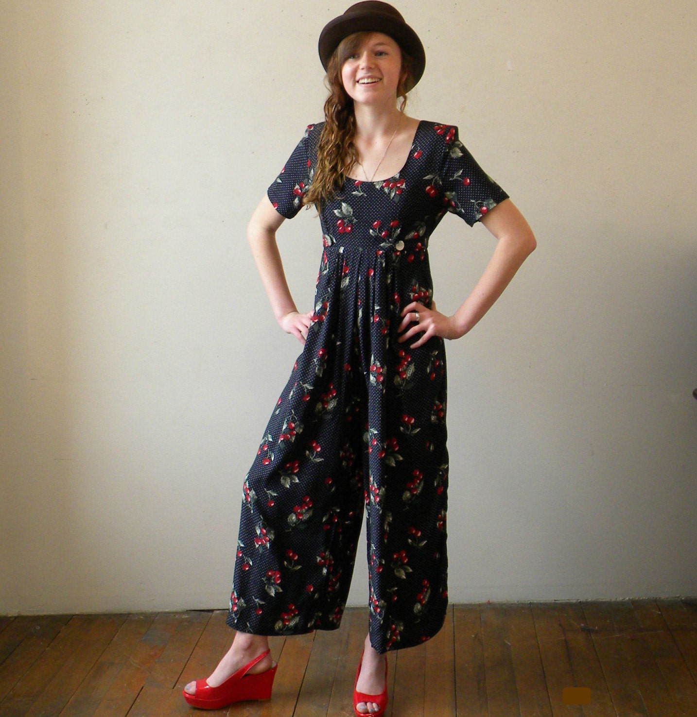 Adorable 80s or 90s Jumpsuit / Wide Leg Pants / Cherry Print / Empire Waist / Small