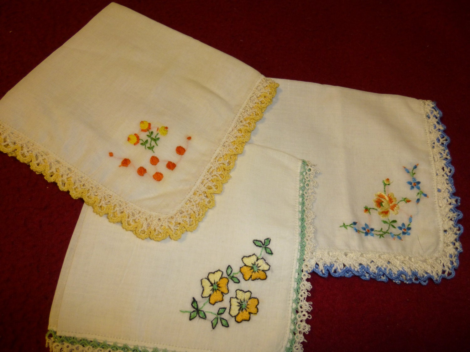 Handkerchiefs Vintage Lot of 3 Crochet, Embroidery Pretty Flowers