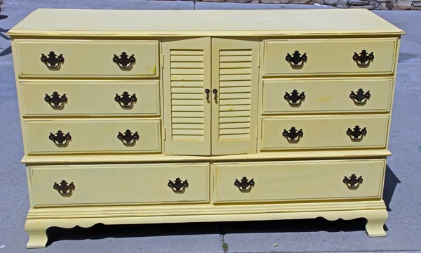 Vintage Dresser Painted and Distressed in Sunshine Yellow By Foo Foo La La
