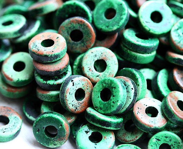 Greek Ceramic beads, Mykonos - Pine Green and Brown - rondels, spacers, 8mm - 25pc - 0695