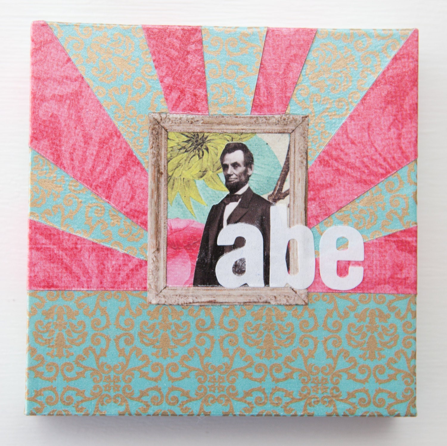 Abe collage on wood block