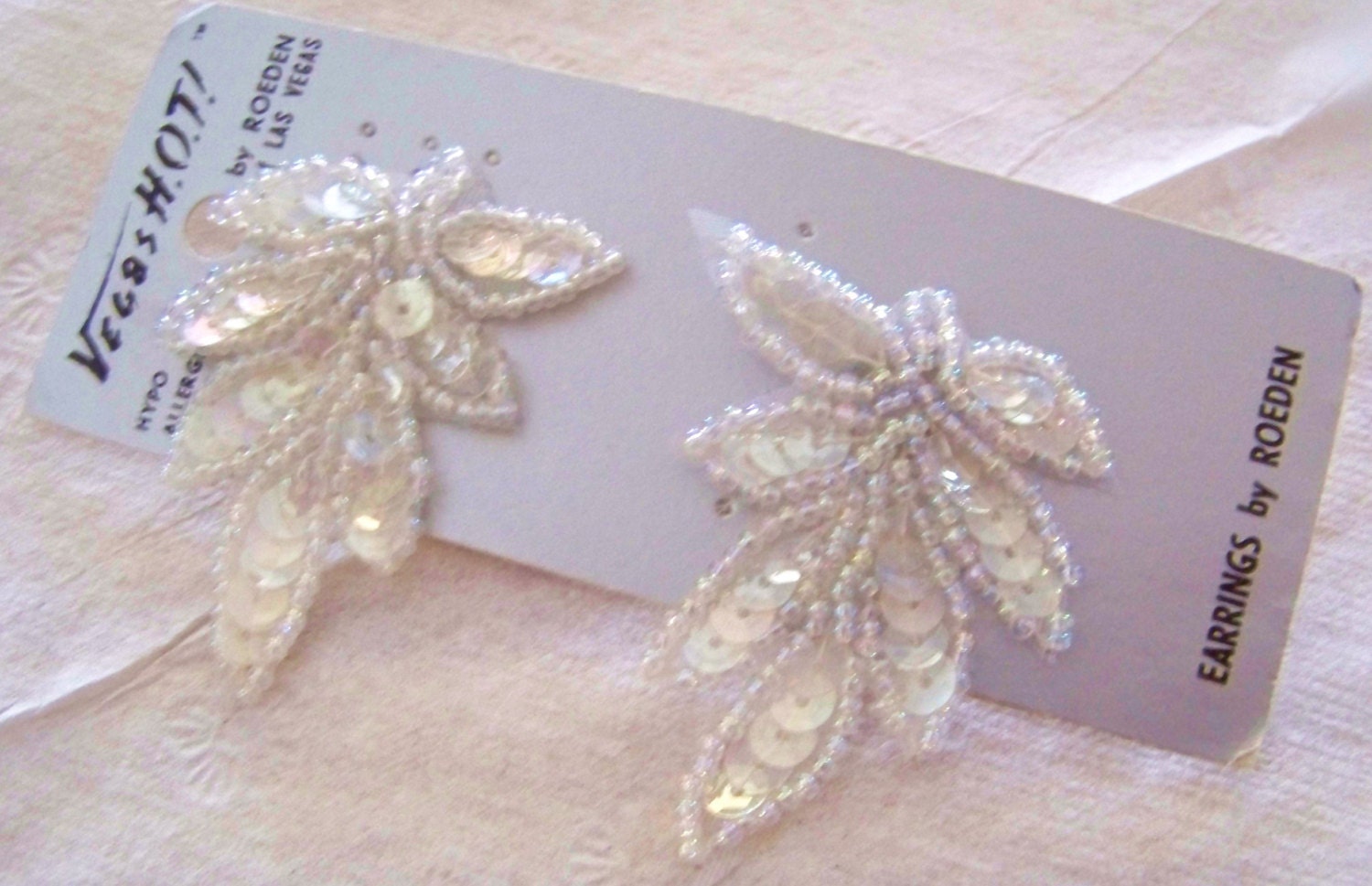 Vintage Pierced Earrings Iridescent White Sequinned Leaf Shaped