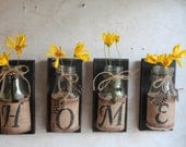 HOME Wall Decor..Set of 4...Upcycled Bottles....HOME Decor....Country Prim...Country Decor...Cabin Decor..Custom Orders Welcome