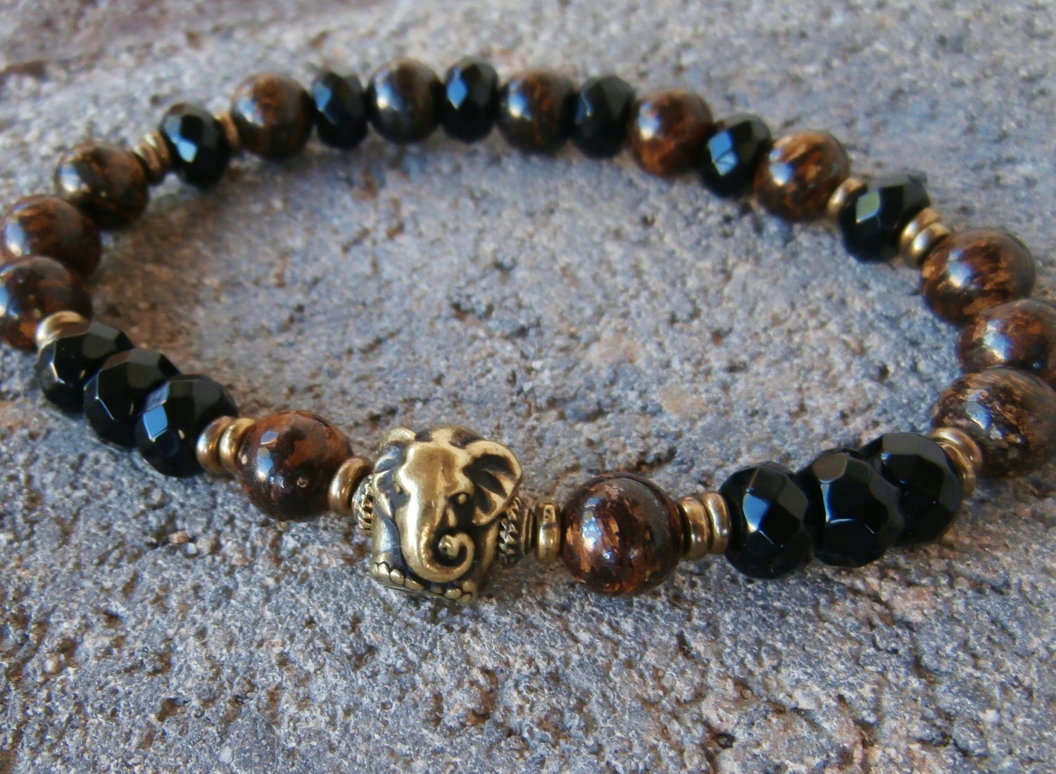 Courage & Strength, Bronzite, Onyx with Elephant Guru bead, elephant bracelet, Yoga Bracelet, Meditation Mala bracelet, free shipping