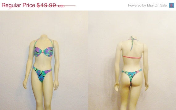 SALE Vintage Swimsuit Venus 80s Bikini Neon Blue Green Pink and Black Thong & Halter 2 Piece Bathing Suit Medium