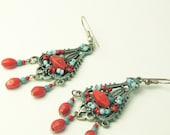 Vintage Faux Red Coral Turquoise Bead Blue Enamel Long Dangle Costume Jewelry Earrings on Etsy