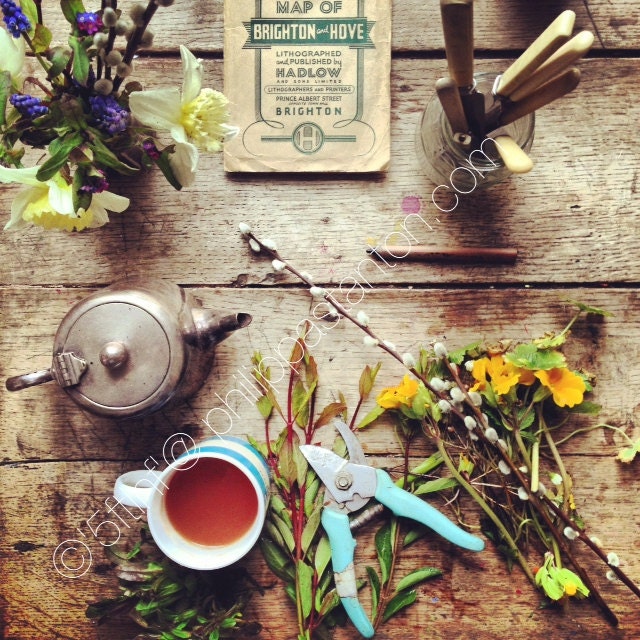 Limited Edition Signd Print of The Table, " Warm Tea", featuring Primulas, Daffodils, Cowslips, and Pussy Willow with a Vintage Tea Pot..