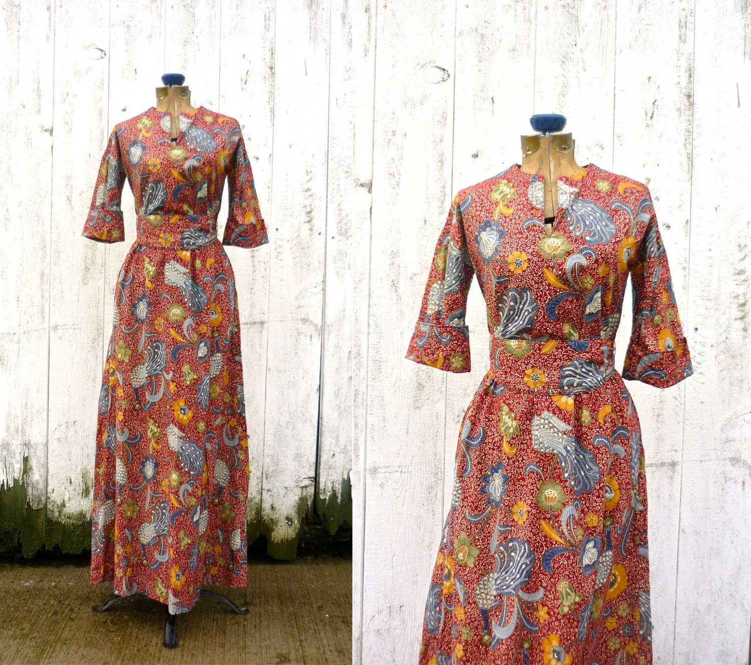 1970s dress / vintage 70s maxi dress / Batik Peacock dress