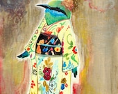 Kimono Bird, Japanese, kimono, bird, vibrant, laser print,