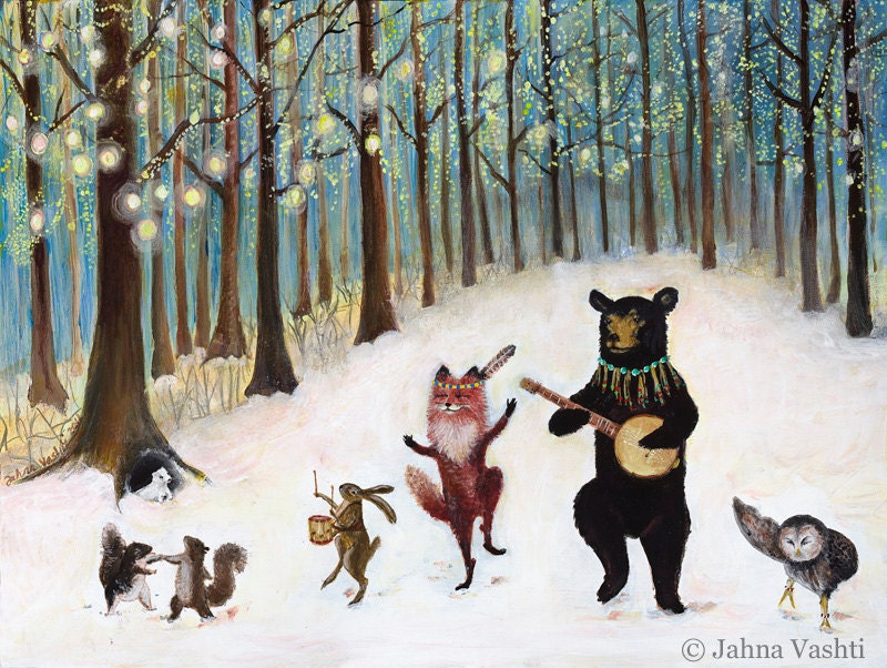 forest animals, woodland art, dancing animals, forest friends, woodland nursery,snow, laser print, 11x14 standard frame size print