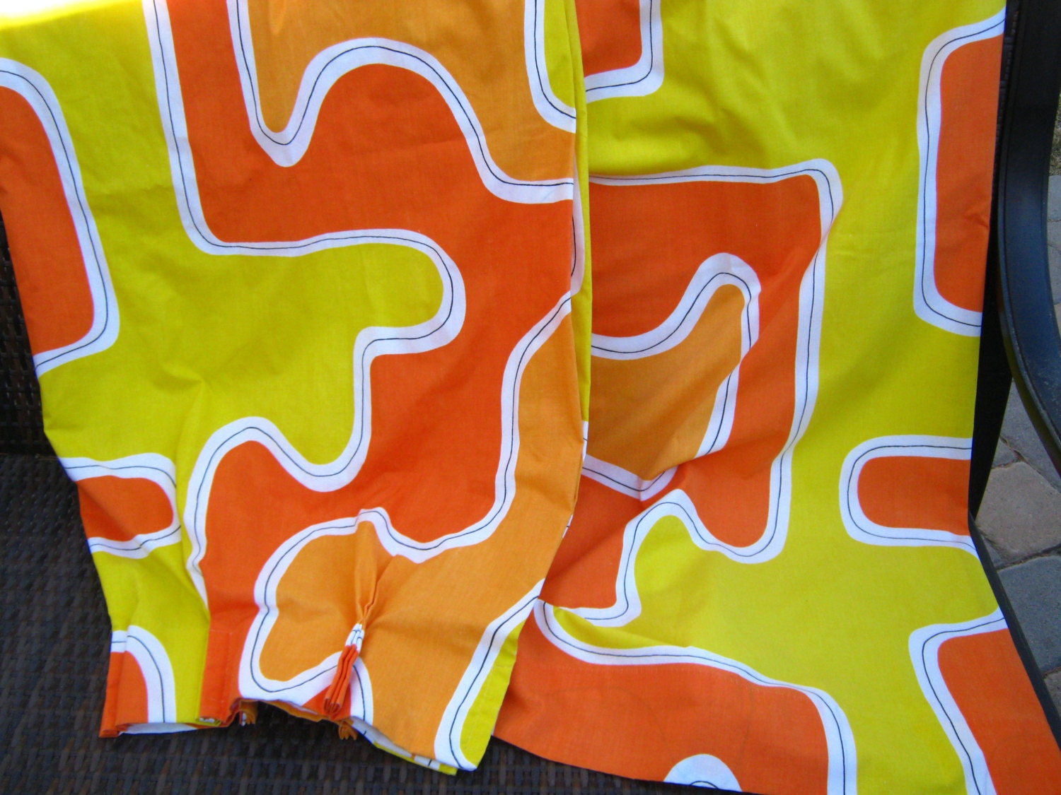 Orange Yellow Mod 1970s Curtains - Retro Mod Draperies Four Panels