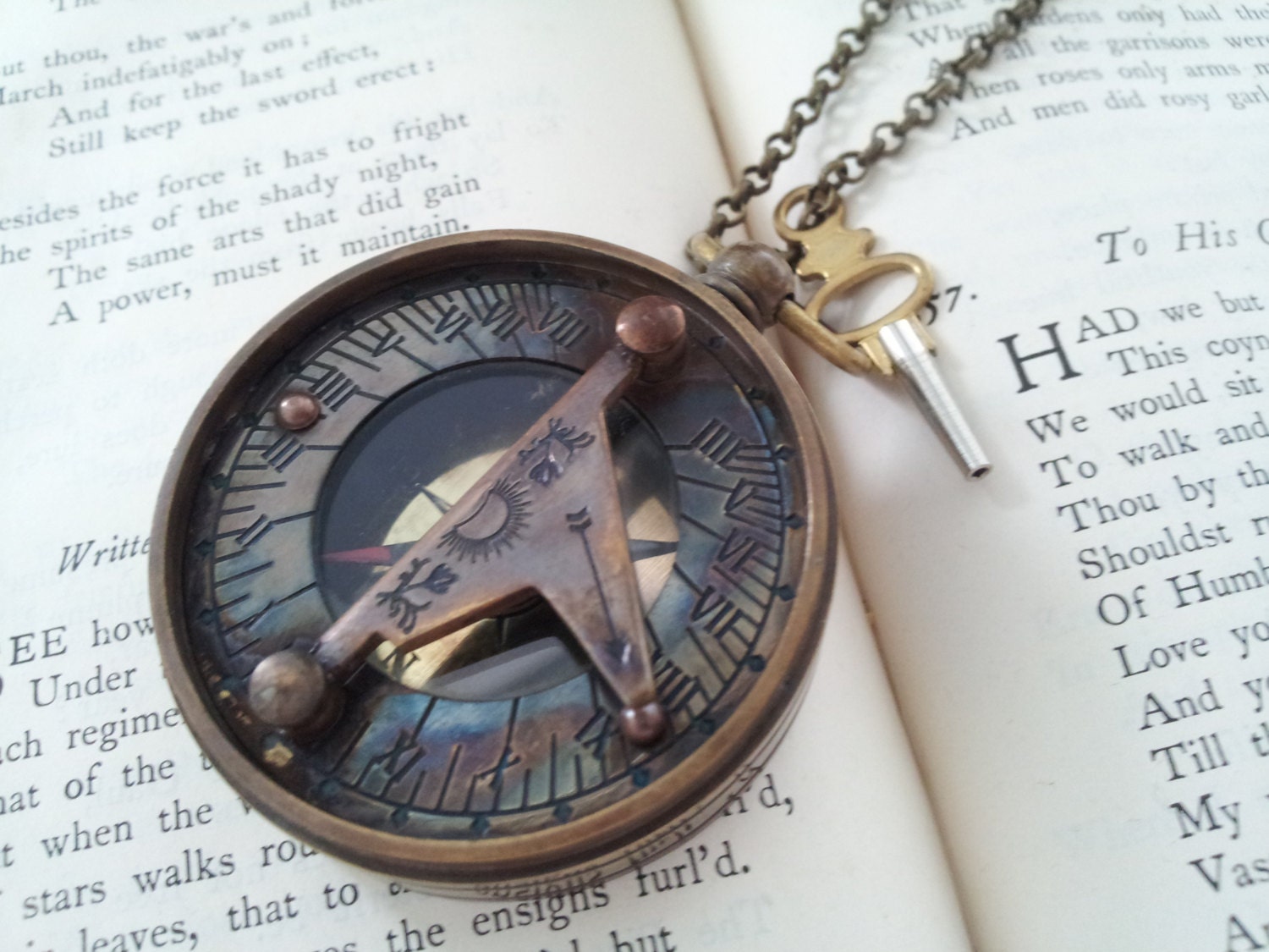 Lost at  sea -  Ox Brass compass sundial necklace with antique pocket watch key