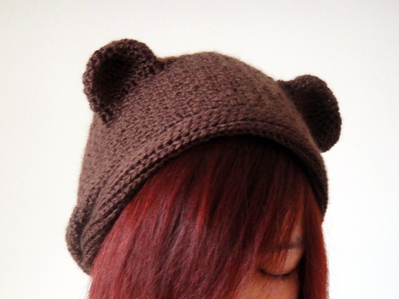 Hand Crocheted Bear Hat in Brown for Adult, Teddy Bear Beanie, Women Hat, Crochet Hat, Slouchy Beanie, Spring Accessories - lapuzelo