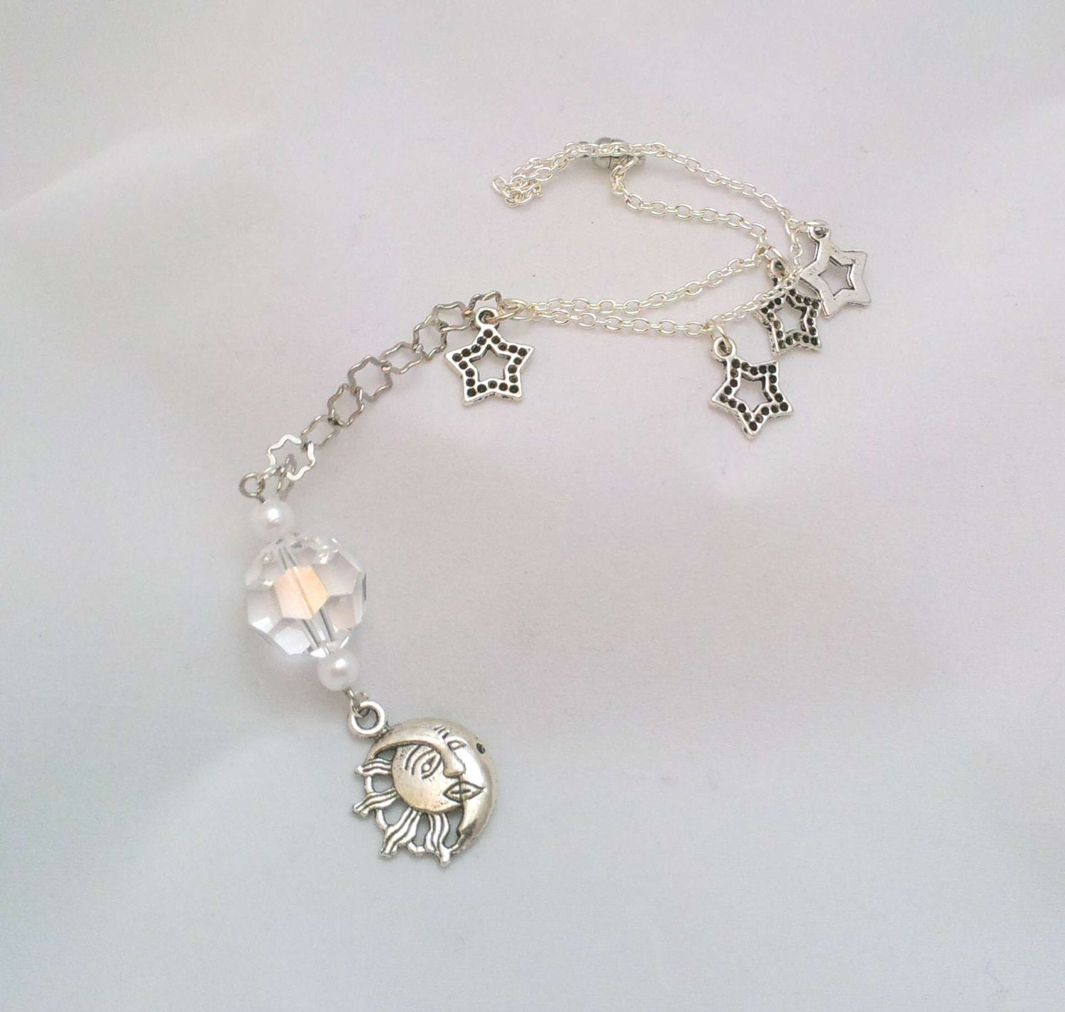 Rear view Mirror Charm, Car Charm, Sun Catcher, Huge Swarovski Crystal, Sun Moon and Star Charms, Magnetic Clasp on Chain Fast Shipping