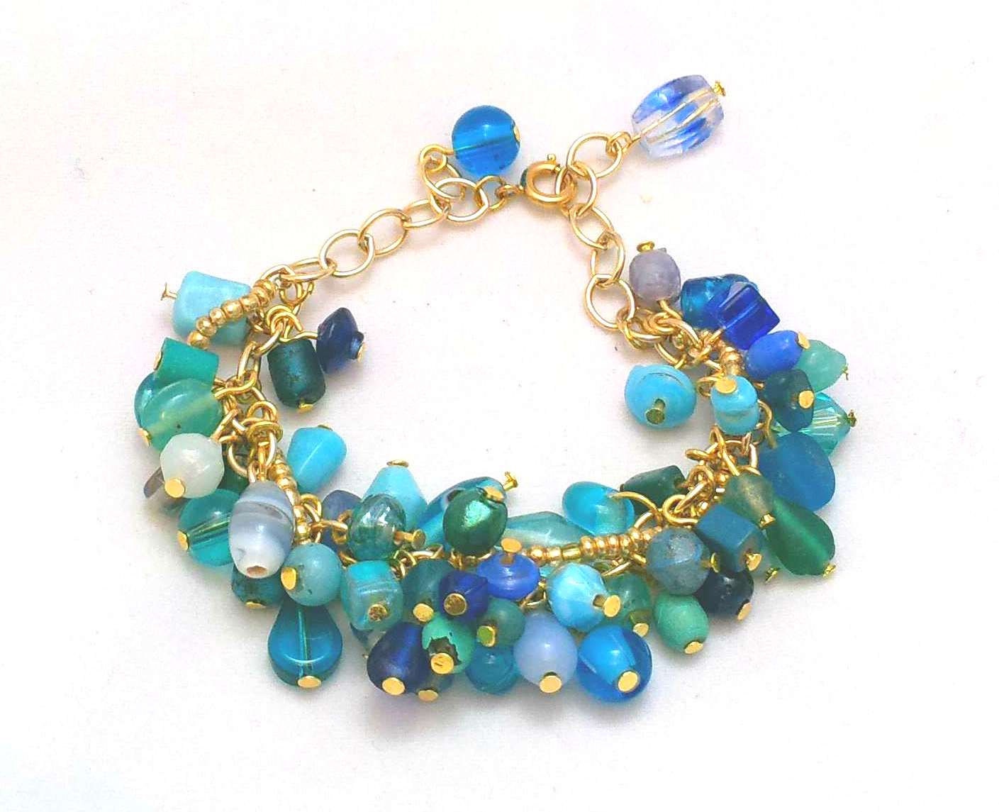 Handmade, One of a Kind Vintage and New Handcrafted Beads on Gold Plate Chain Beaded Bracelet, Gift Bag