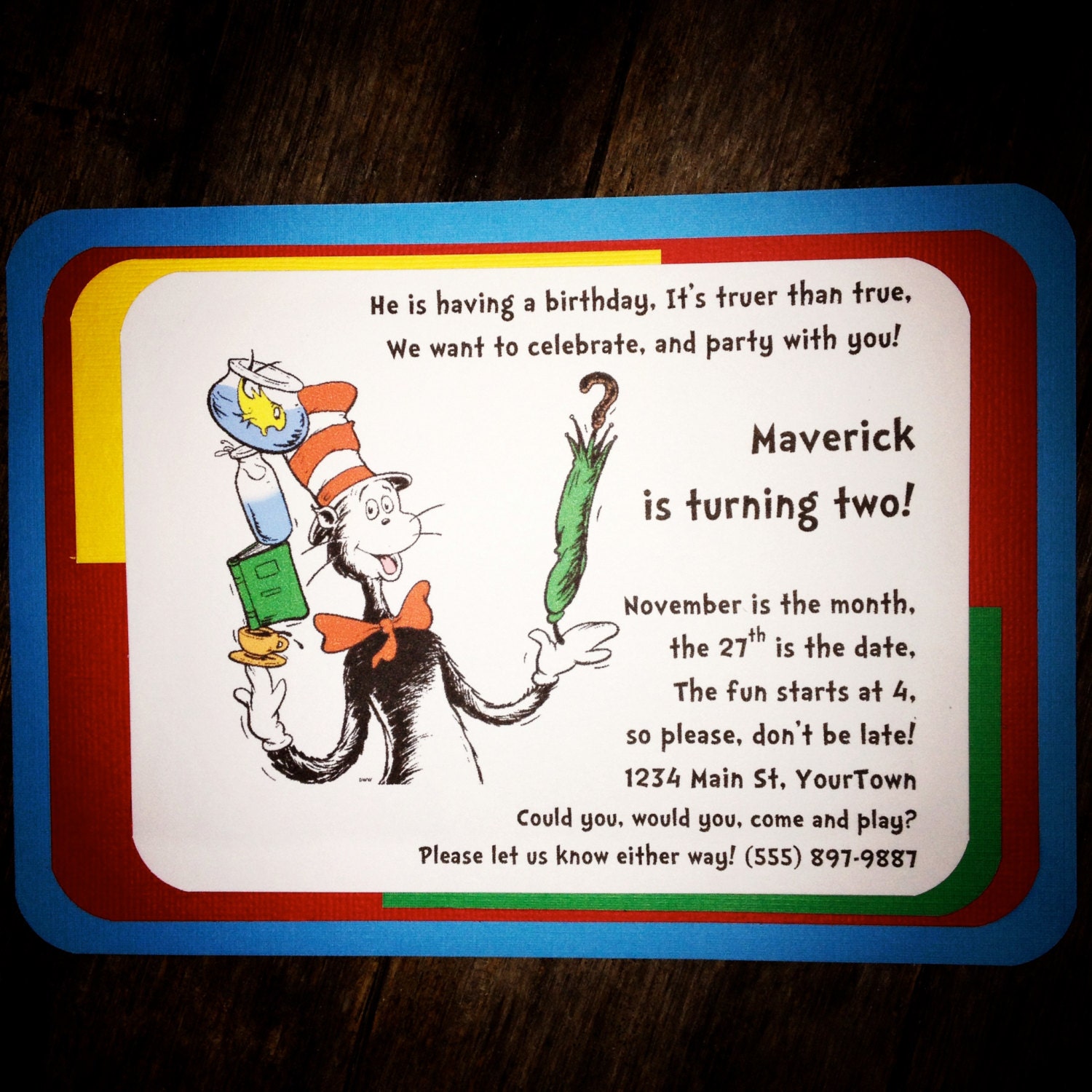 Dr Suess inspired invitations - Cat in the Hat themed party invitations