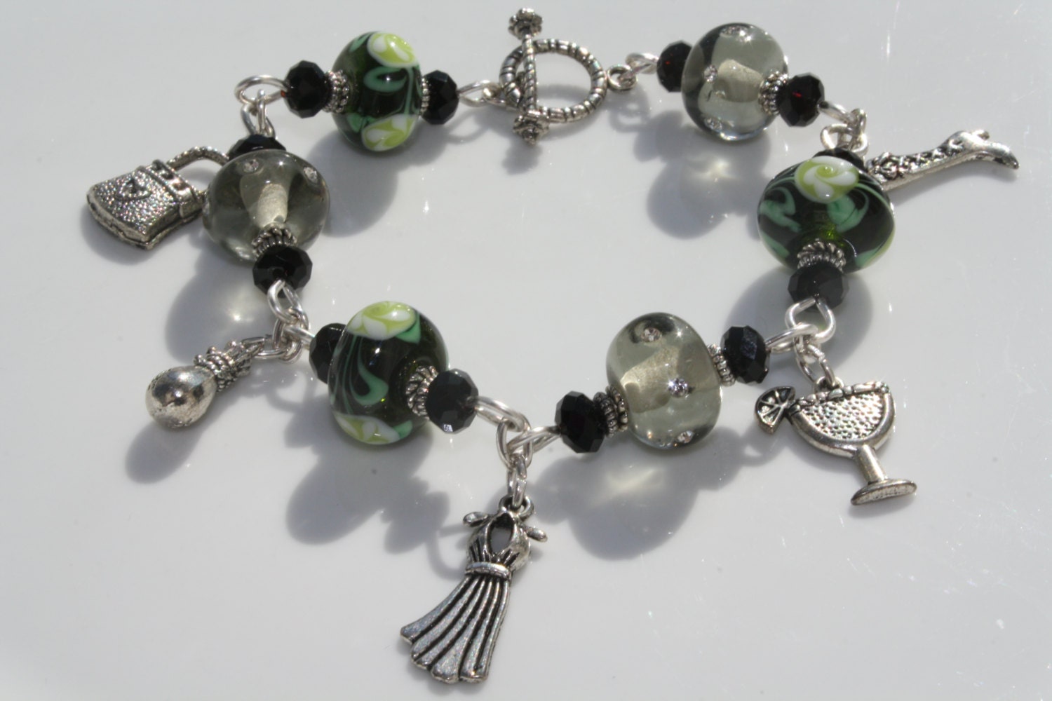 Silver Color Friendship Charm Bracelet with Black, Yellow, Green, and Gray Lampwork Glass Beads
