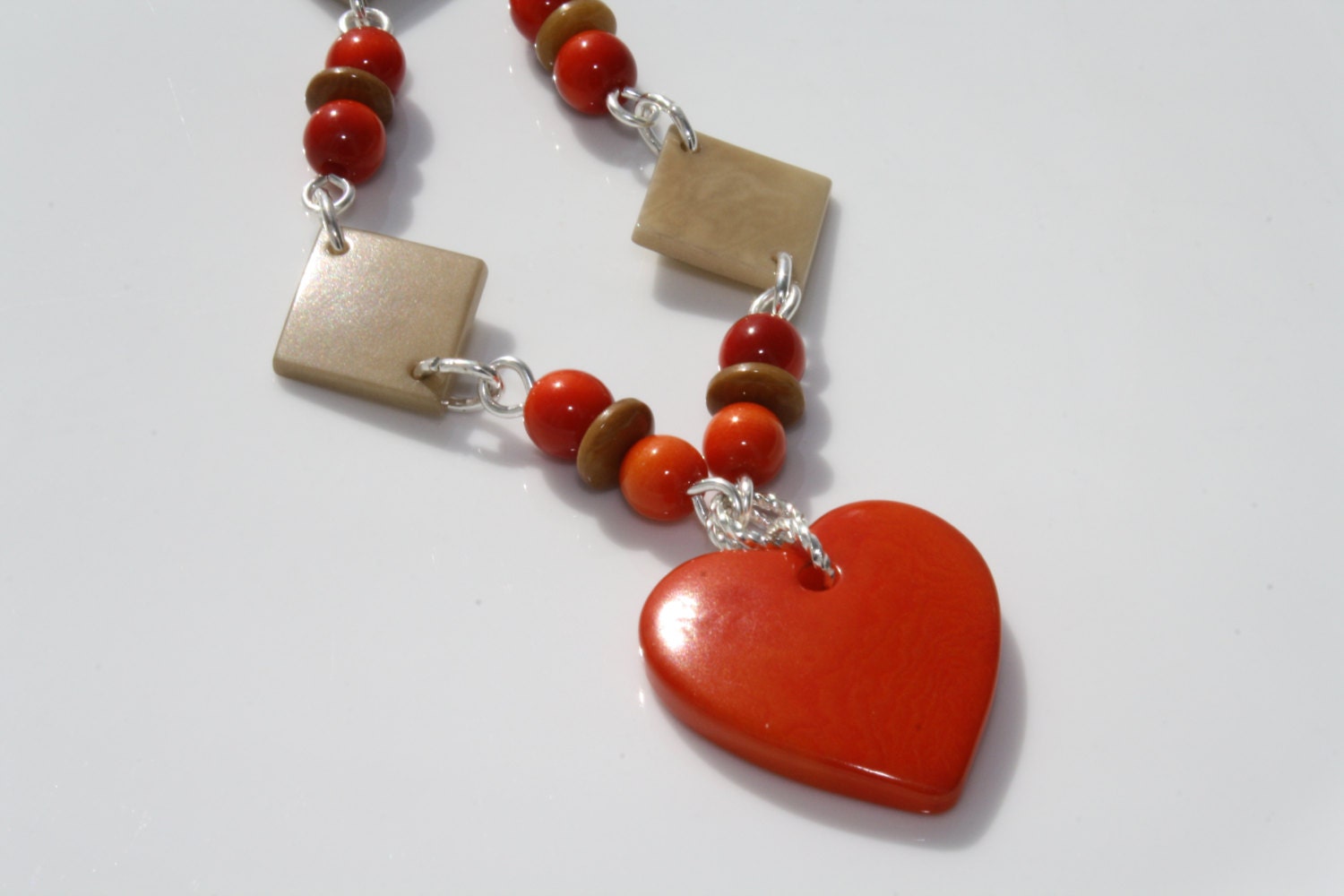 Silver Color Vibrant Tangerine Orange Heart Necklace with Natural Light Brown and Mocha Brown