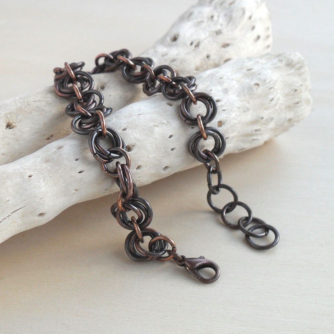 Chainmaille Flower Bracelet Adjustable Copper Bronze Extension Chain Mail Handcrafted Wire Jewelry Handmade Rustic