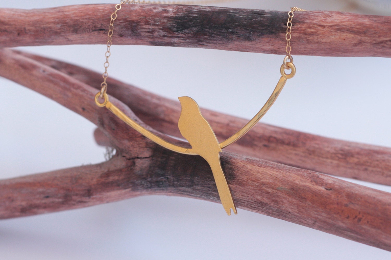 Bird on a Branch Necklace, Gold Bird Silhouette Charm, BFF Necklace, Golden Charm Necklace