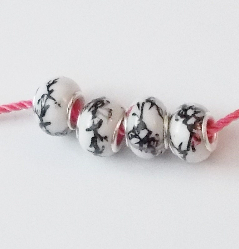 Ceramic Beads European Style Large Hole - White with Black and Gray Bamboo Design and Red Chinese Letters - 14 mm with 5 mm hole