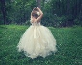 Flower Girl Dress Roses Crystals and Lace Tulle Tutu Crochet Bodice Satin Sash Vintage Ivory Linen and Champagne Child Size 5-8