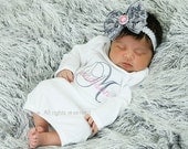 Baby Girl Onesie or Infant Gown and Rosette Hair Bow with Rhinestone - Gray and Pink Monogram - Newborn thru 12 months