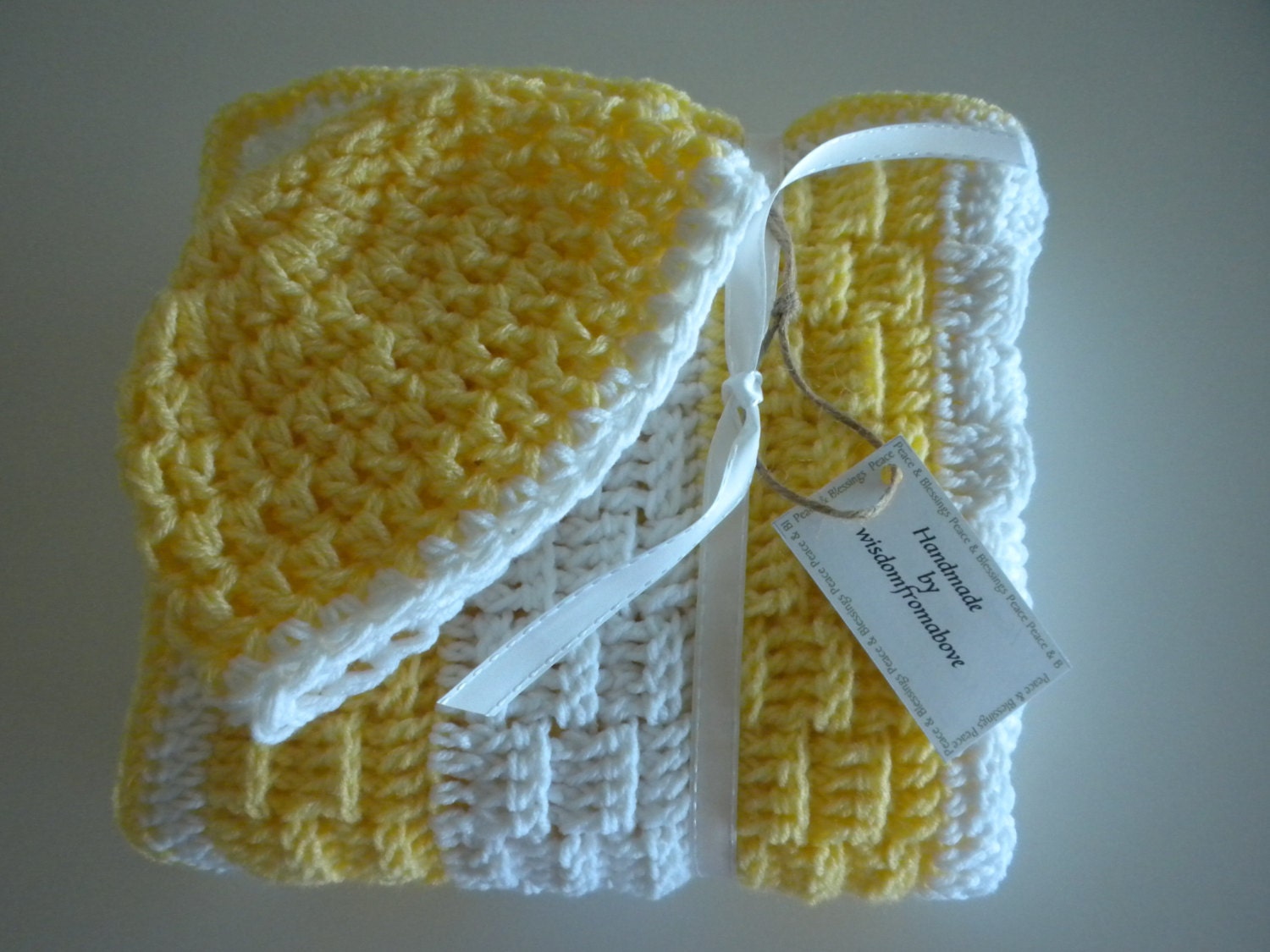 Baby Child Blanket Matching Hat Crochet White Yellow Stroller Carriage Car Size 32 X 34 Handmade FREE SHIPPING