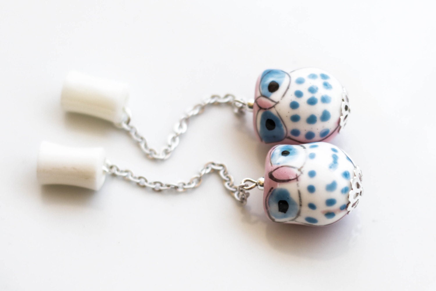 4g-5/8" Pink Hooty Owls on Silver Chain on Ivory Organic Bone Dangle Plugs Tunnels