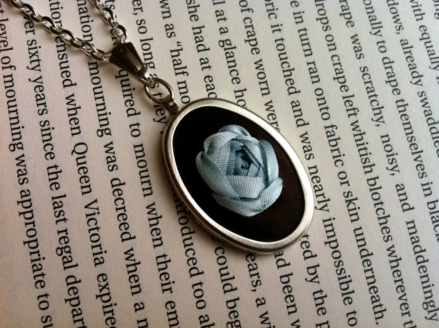 Handmade Necklace - Blue and Brown Rose Pendant - Mothers Day Silk Ribbon Embroidery by BeanTown Embroidery