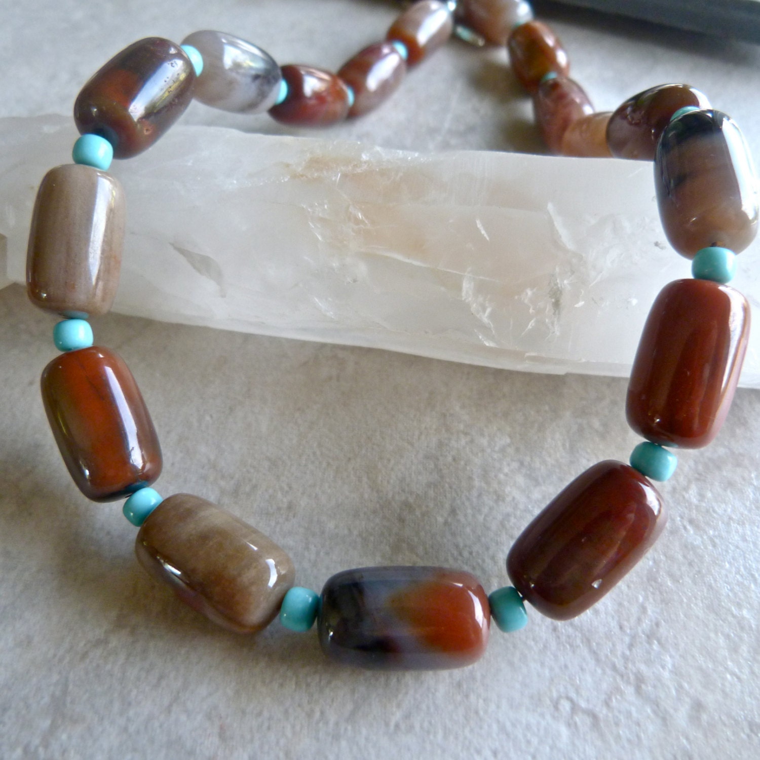 Large Arizona Petrified Wood Opal and Blue Nacozari Turquoise Artisan Statement Necklace and Earrings