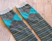 Baby Girl & Boy Legwarmers - Grey, Turqoise, Yellow Argyle Stripes. Leg warmers for babies. Clothes for infant, toddler, child. Handmade.