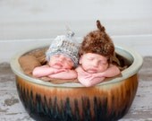 Newborn photography twin prop-fuzzy gray cream brown knitted hat with knot-baby shower gift-other colors and sizes available