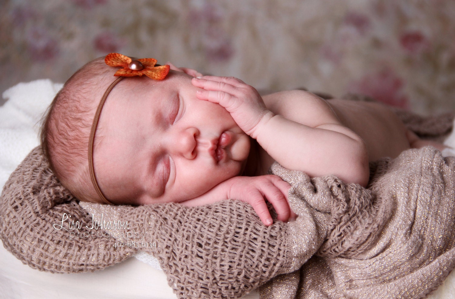 newborn photography prop-orange brown skinny elastic halo headband with teal flower, baby shower gift,  baby photo prop