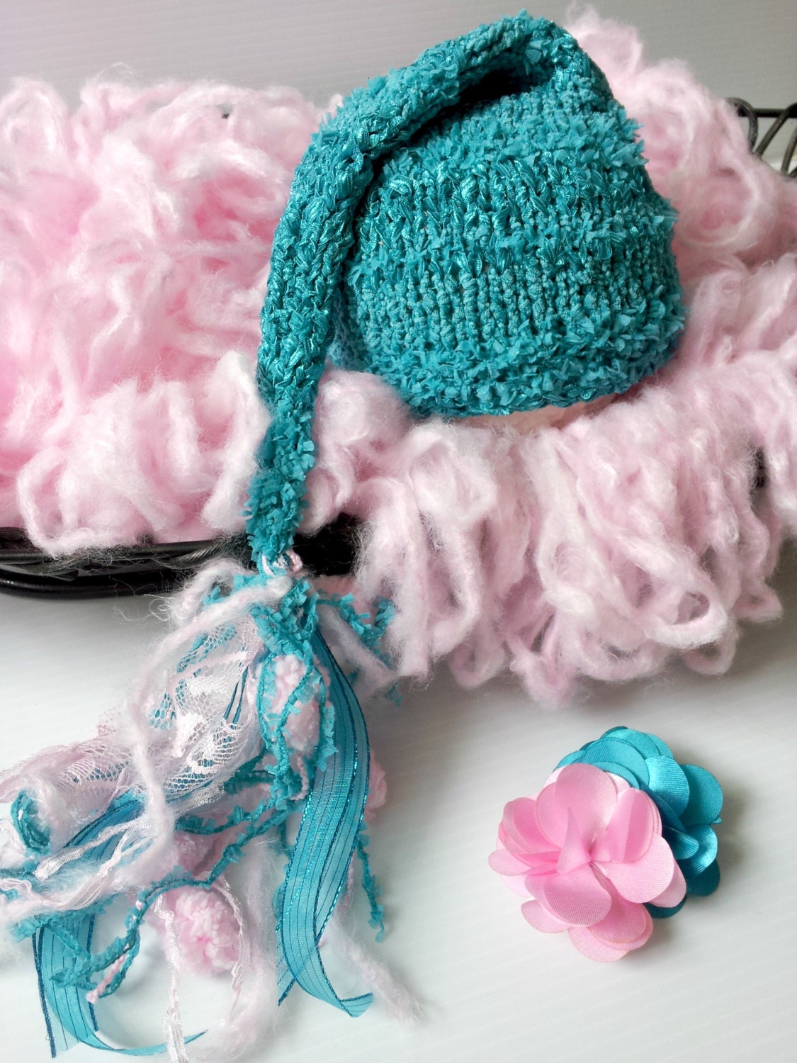 newborn photography prop-3pc set knitted hat with removable clip and cocoon soft fuzzy basket filler, luxury set 0-3 months,baby shower gift
