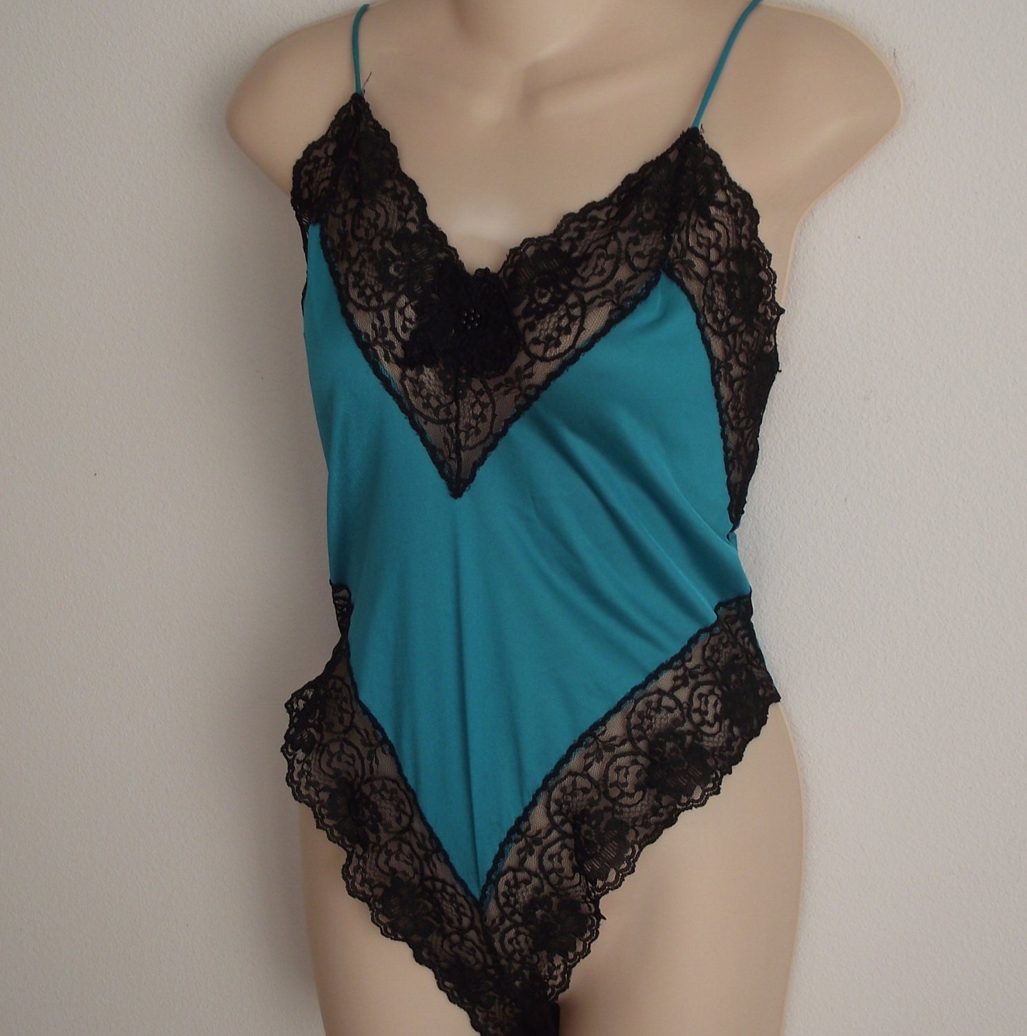 Vintage Teddie cami lingerie teal  w/ black  lace  L