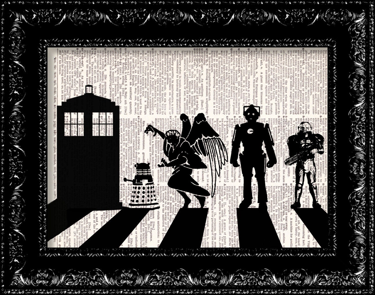 Dr Who Enemies - Beatles Abbey Road - Cyberman - Dalek - Weeping Angels - Vintage Dictionary Book Print Page Art Upcycled  Book Art