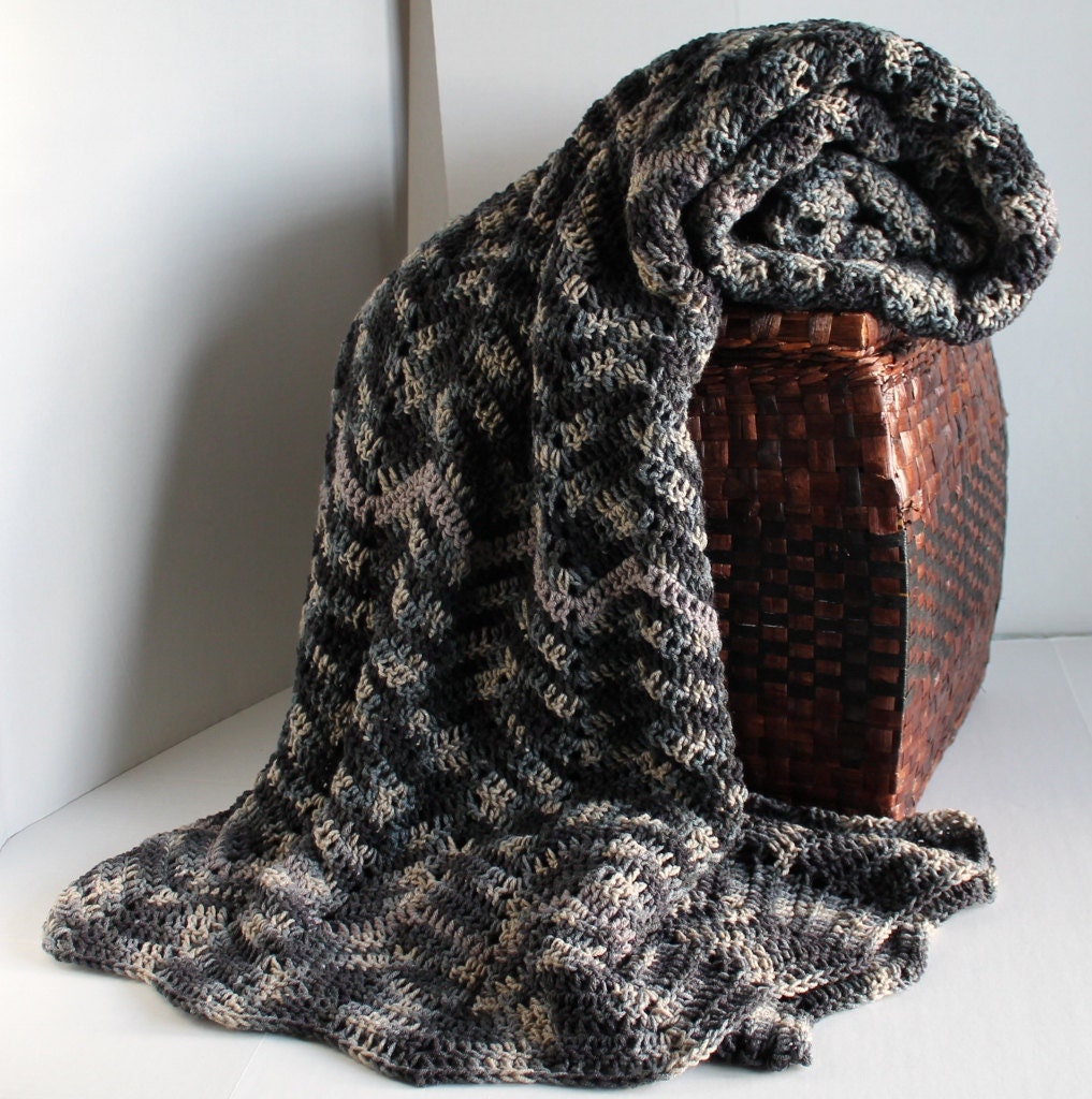 Afghan - Queen Sized Handmade Classic Ripple Blanket - Urban Camo and Pewter Grey