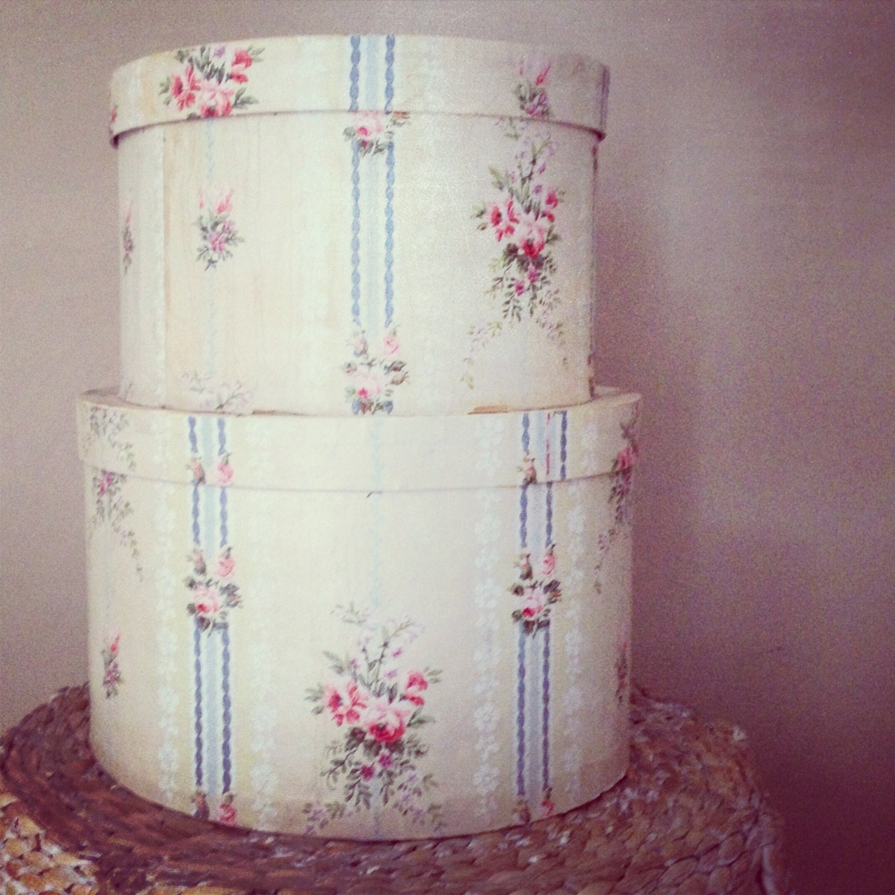 Vintage French Blue and Cream Floral Roses Stacked Antique Hat Band Boxes - LeFadedFleur