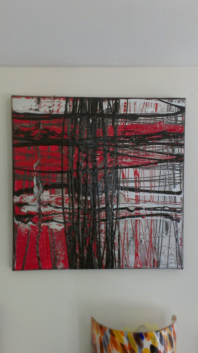 Red Silver White Black Abstract Graffiti Spray Paint Original Painting on Canvas 12x 12