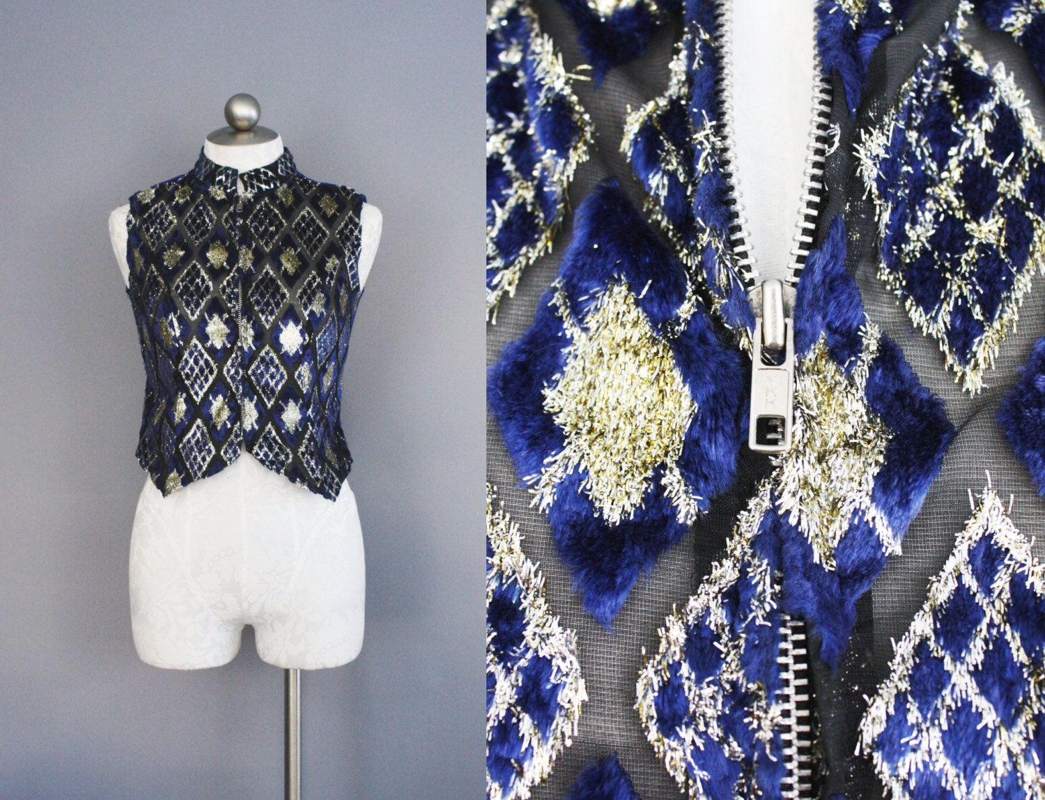 80s vintage sparkling cobalt burn-out vest with silver accents / size M