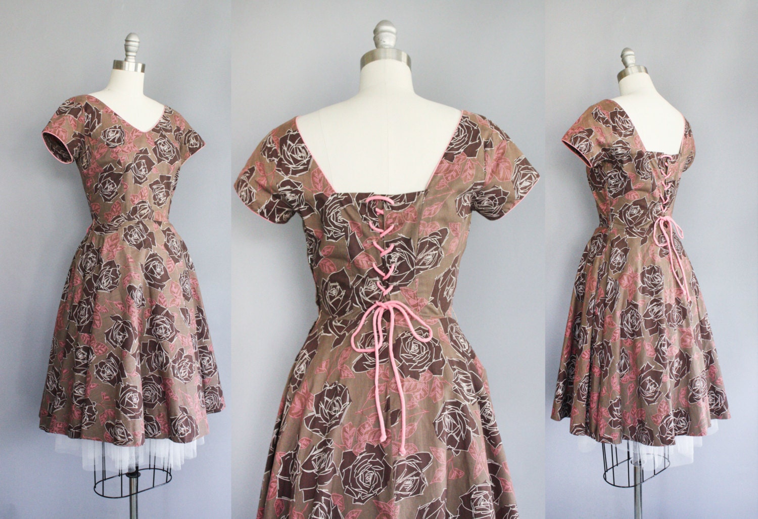 40s vintage rose print dress // corset cinching back // size XS - S - AnatomyVintage