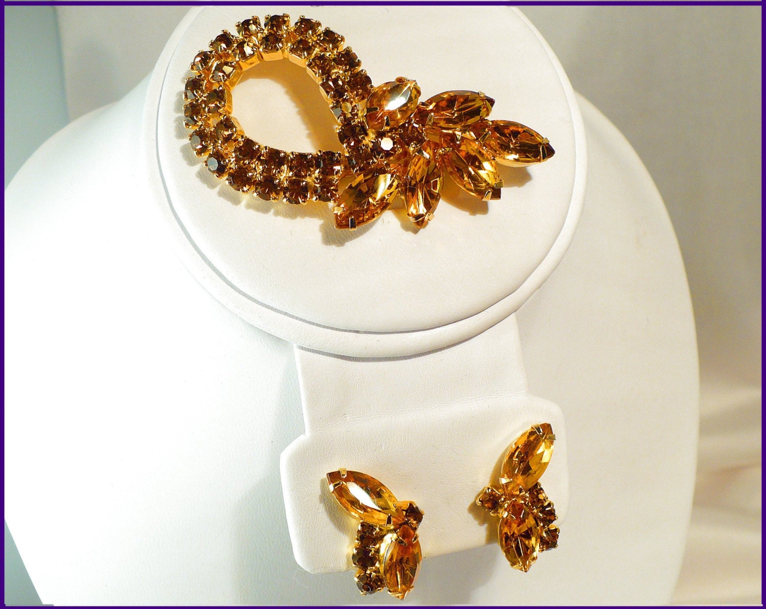 Vintage Topaz & Amber Rhinestone Brooch, Earrings, Juliana Style