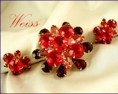 Designer WEISS Ravishing Red & Pink Rhinestone Brooch, Earrings
