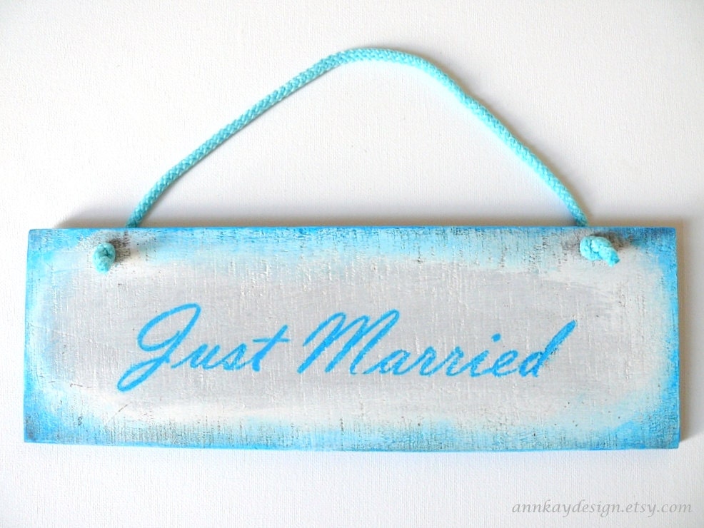 Just Married Wedding Sign Handpainted Wood in Turquoise and White