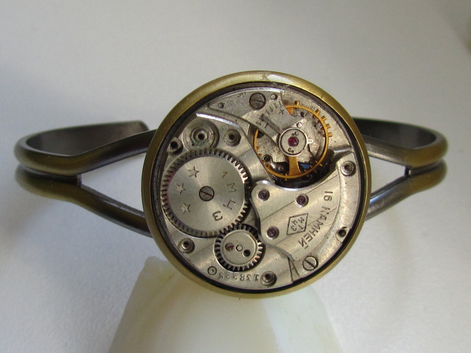 Steampunk adjustable Watch Bracelet   - with vintage watch movement. Industrial chic jewelry