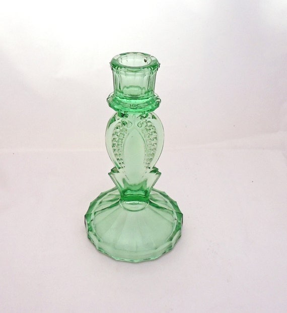 Vintage Art Deco Green Glass Candle Holder by thesecretcupboard