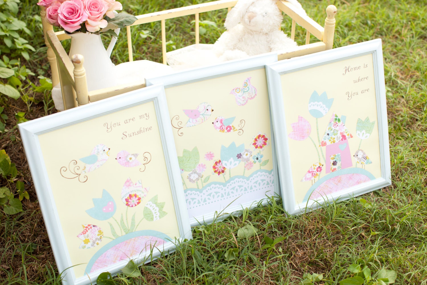 You Are My Sunshine art, Framed 11x14 nursery art, Ready to hang, Birds, Flower Garden, Pink Yellow Nursery, Kids Wall Art, ready to hang