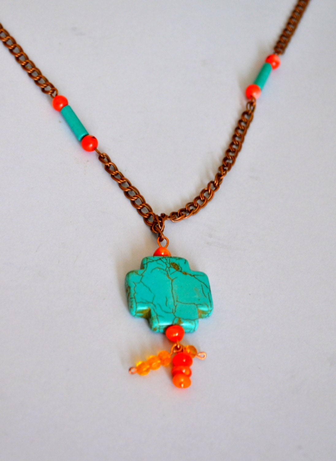 Turquoise Pendant, Coral Color Beads, Set in Copper, Native Inspired, Spring Sale, Item No. B