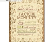 Lace Burlap Bridal Shower Invitation Vintage Rustic Bridal Wedding Invitation Typography Poster Printable Digital or Printed - Jackie Style